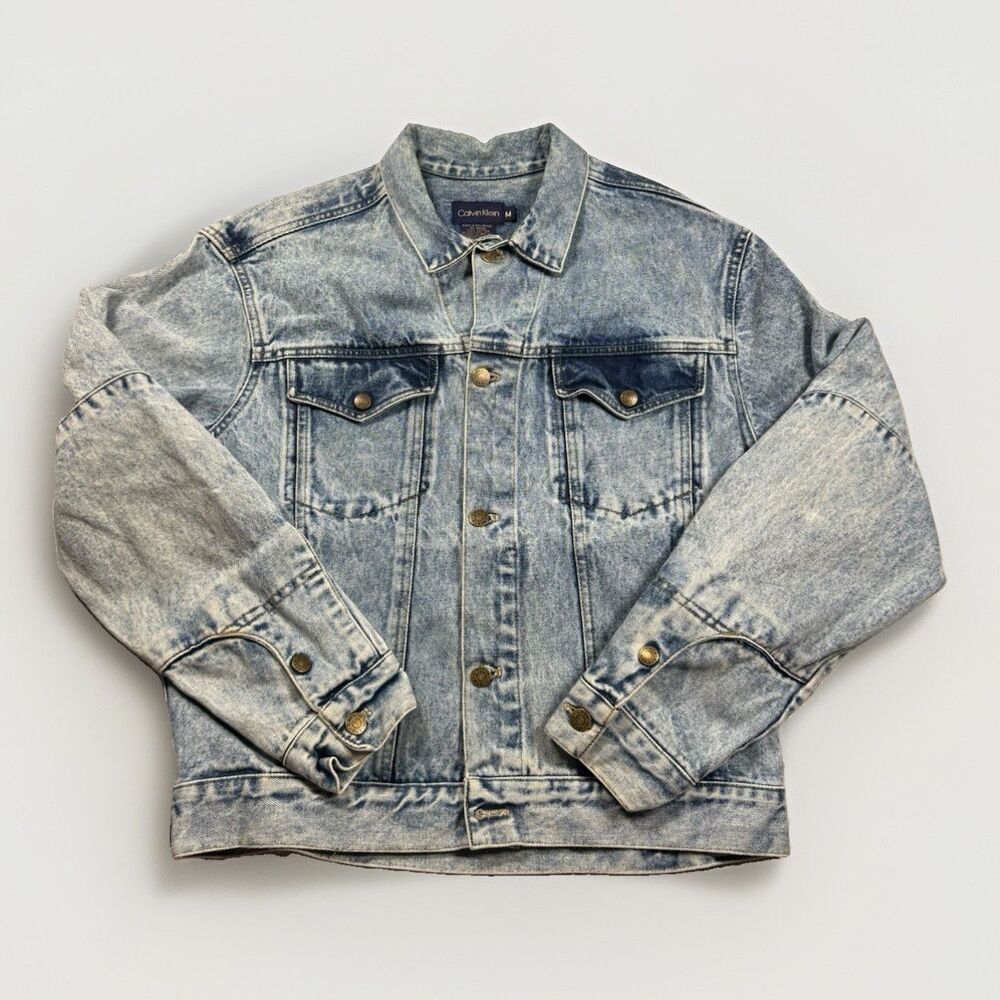 Vintage 90s Calvin Klein Men's M Blue Solid Jean Jacket Button Front‎ Pockets
